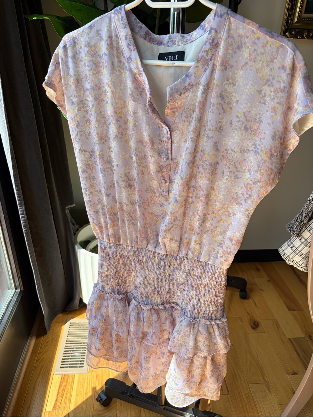 VICI Lavender Multi-Color Pastel Floral Smocked Waist Short Sleeve Mini Dress M